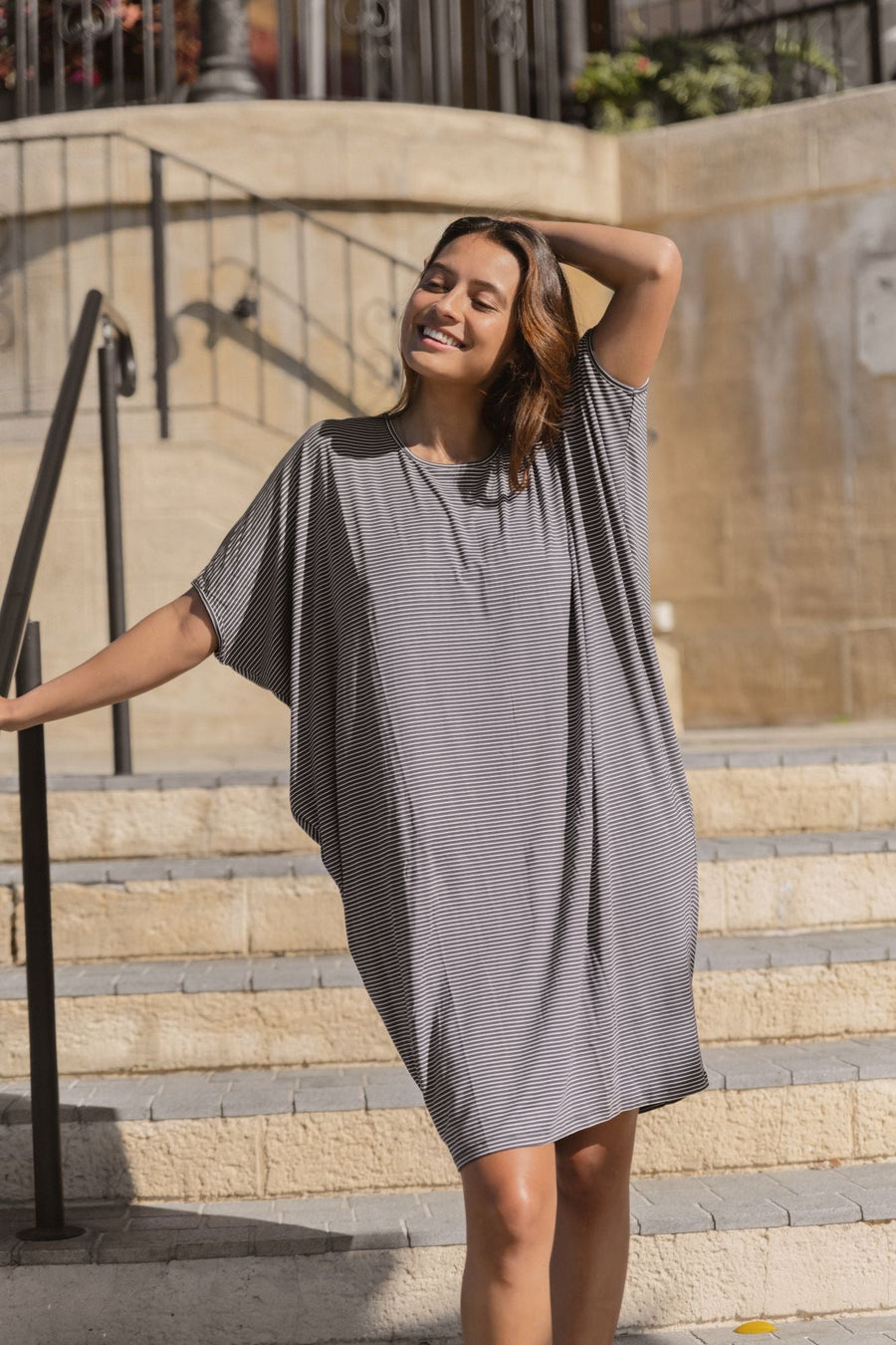 Betty Basics Maui Dress Charcoal Stripe