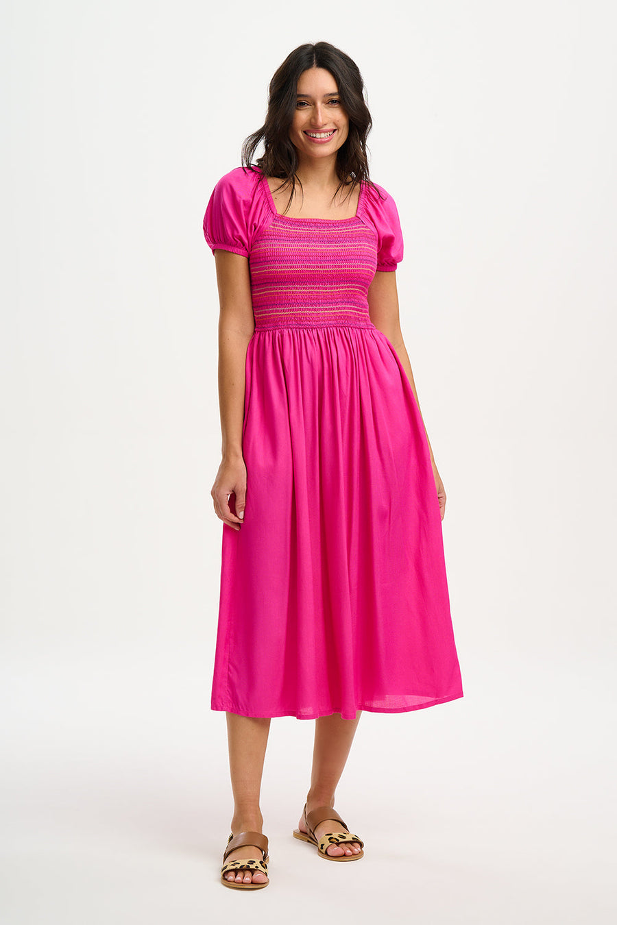 Sugarhill Octavia Midi Shirred Dress Rainbow Shirring Dark Pink - MOVED TO MB