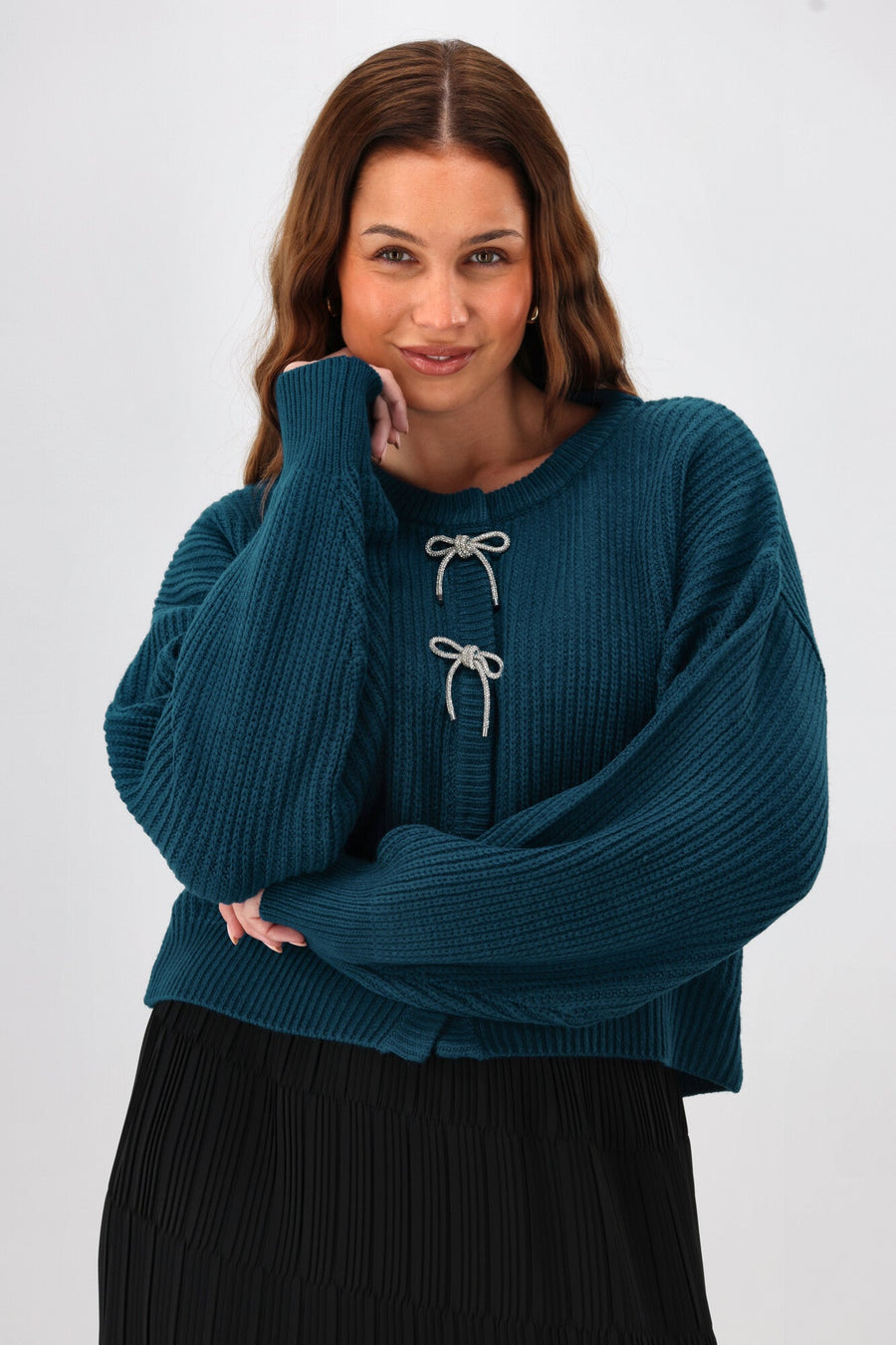 Gloss The Label Delilah Bow Cardigan Petrol