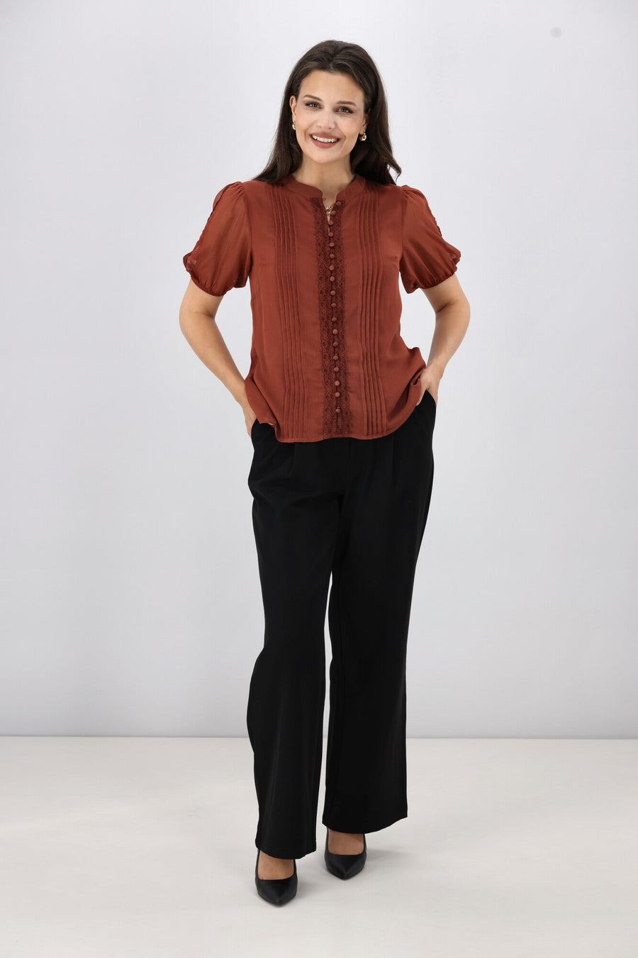 Gloss The Label Elin Lace Pin Tuck Blouse Coffee