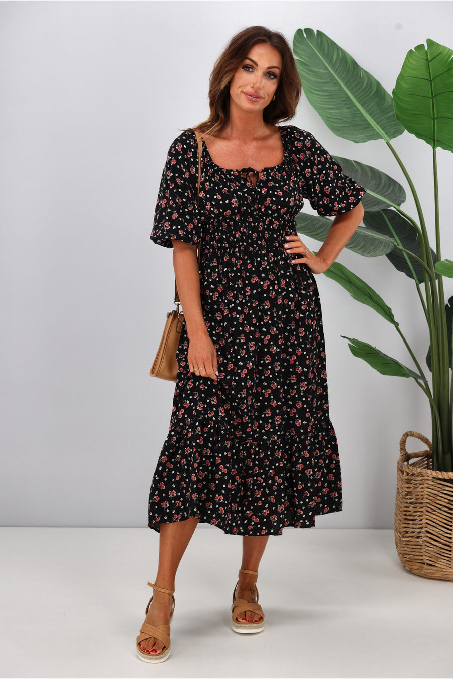 Gloss by Shine On Indira Frill Hem Dress Black Ditsy Print