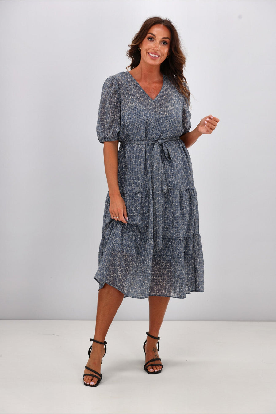 Gloss by Shine On Kaylee Puffed Sleeve Dress Check Floral Chiffon Blue
