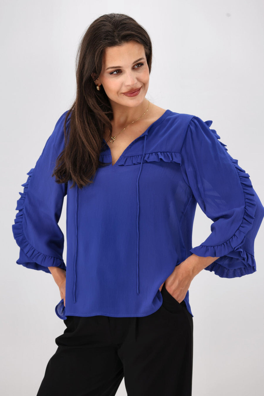 Gloss The Label Paloma Ruffle Sleeve Blouse Blue