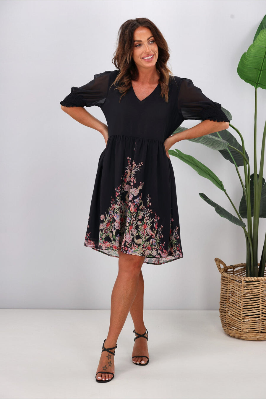 Jane James Juniper Balloon Sleeve Dress Midnight Border Print