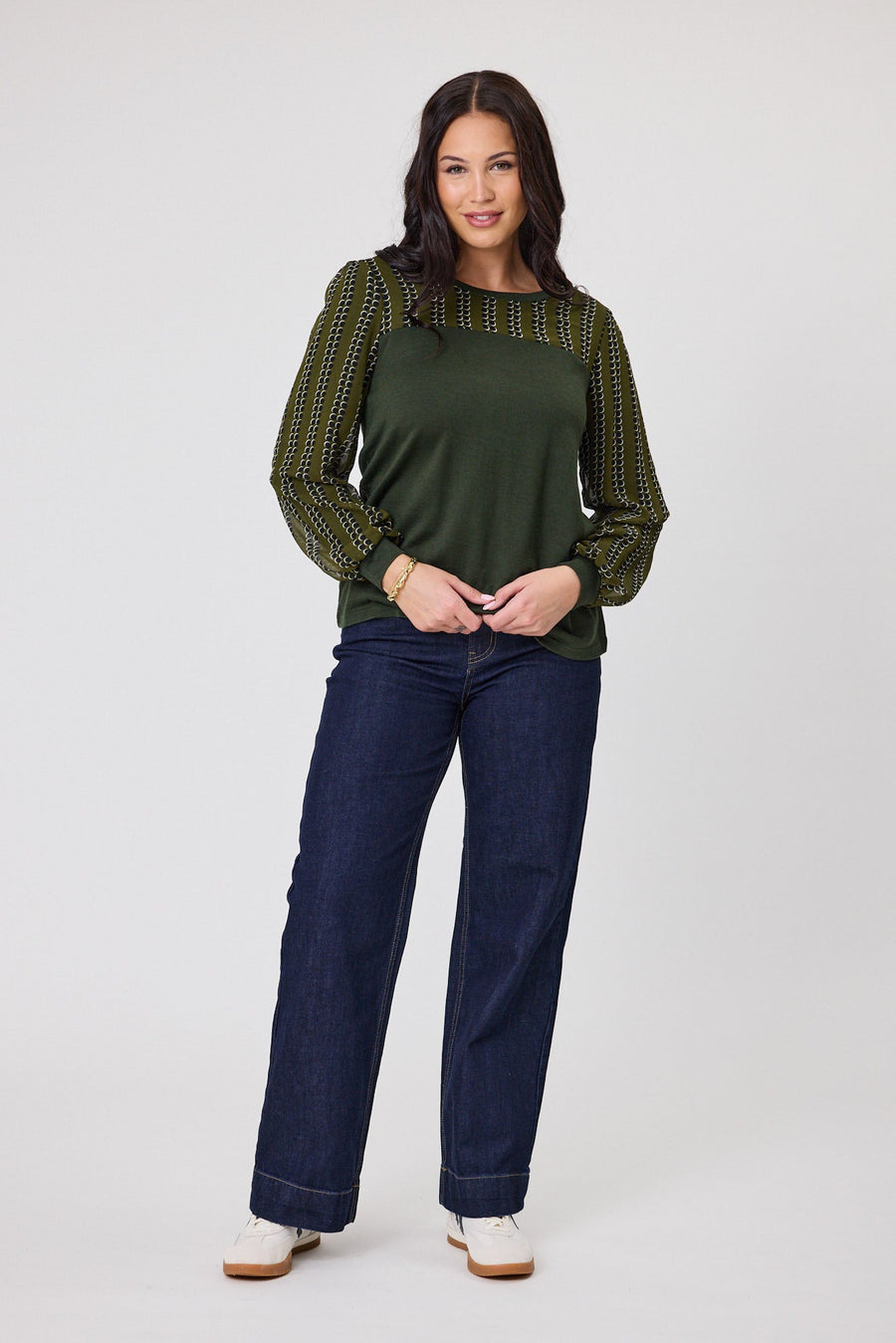 Alpine by Shine On Evelyn Contrast Top Olive with Spot Print