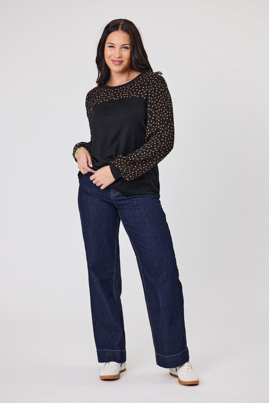 Alpine by Shine On Evelyn Contrast Top Black with Gold Spot Print