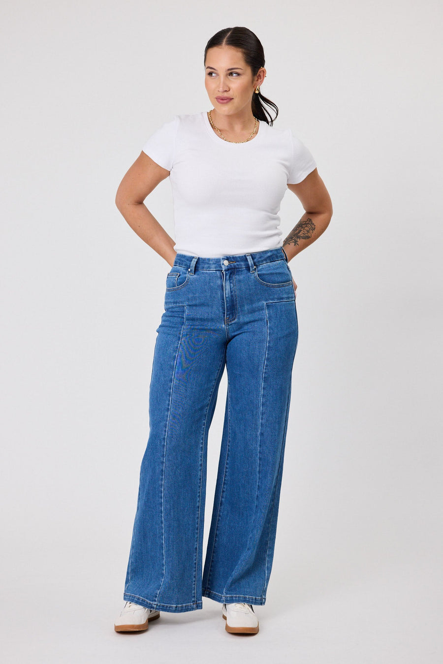 Shine On Label Alex Palazzo Seamed Denim Jean Washed Indigo