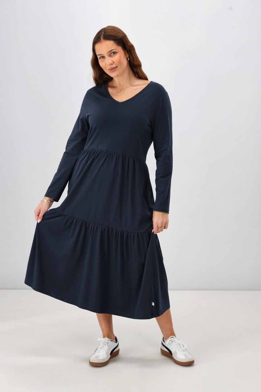Shine On Essential Long Sleeve Tiered Dress Navy