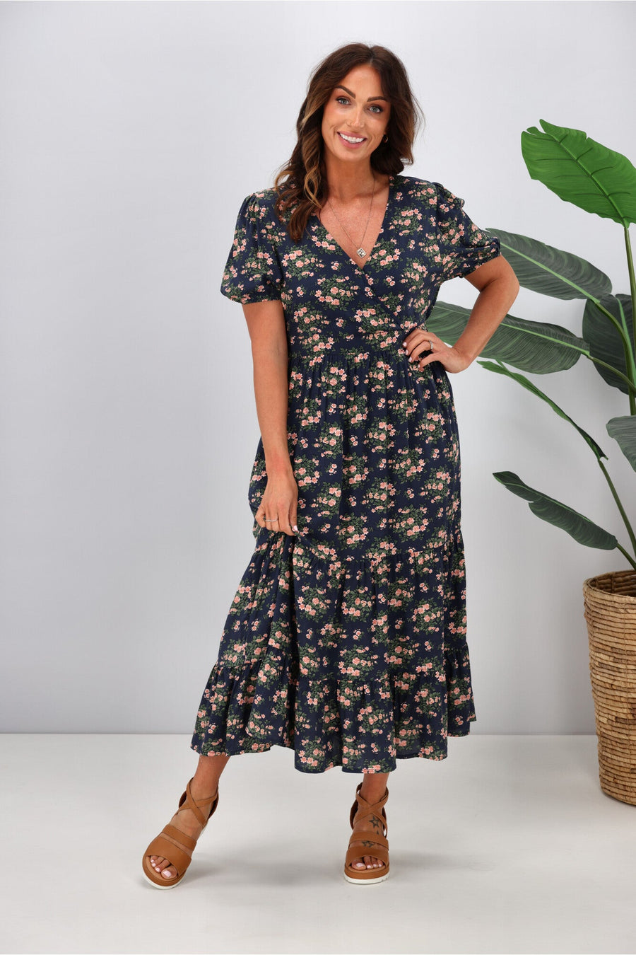 Shine On Label Callista Puff Sleeve Midi Dress Midnight Ditsy