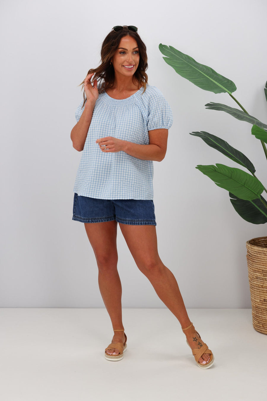 Shine On Label Danca Shirred Neckband Top Blue Check