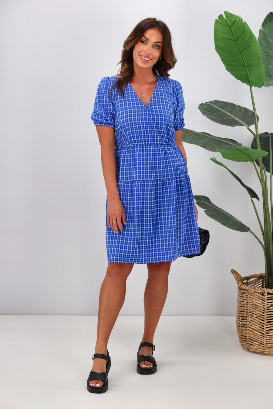 Shine On Label Tatiana Cross Over Tier Check Dress Blue