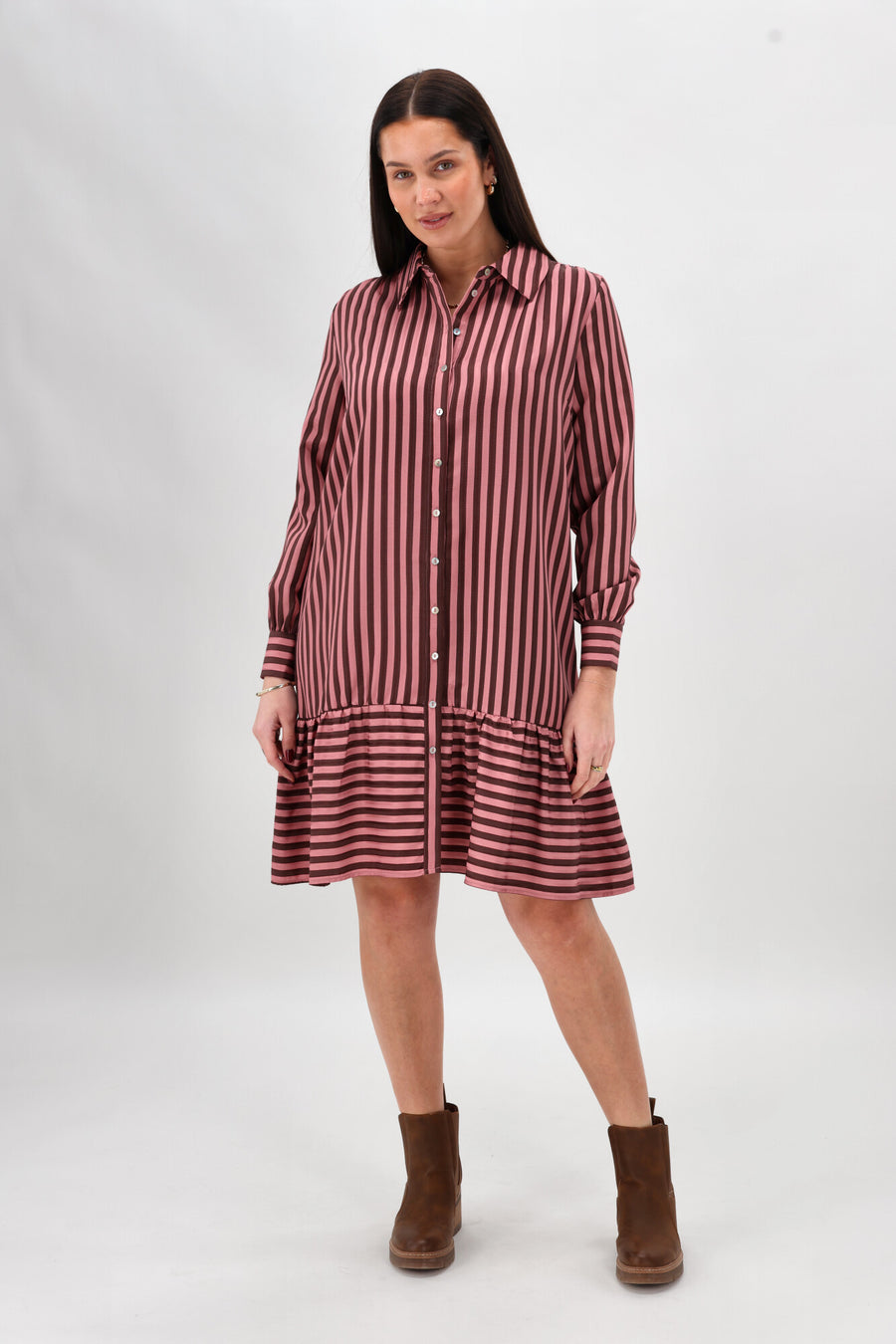 Shine On Label Waylon Hem Tier Print Dress Pink  Chocolate Stripe