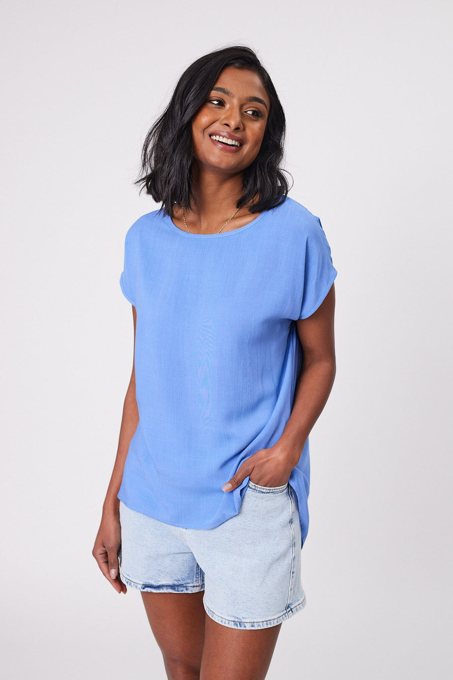 Shine On Label Hi Lo Top Cornflower Blue