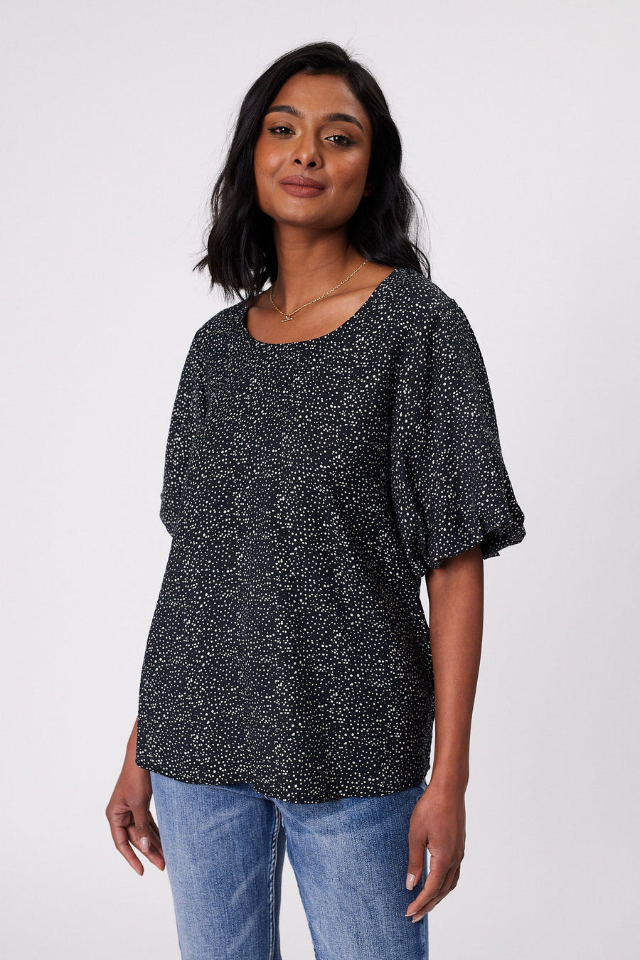 Gloss by Shine On Winslet Puff Sleeve Top Midnight Spot Print